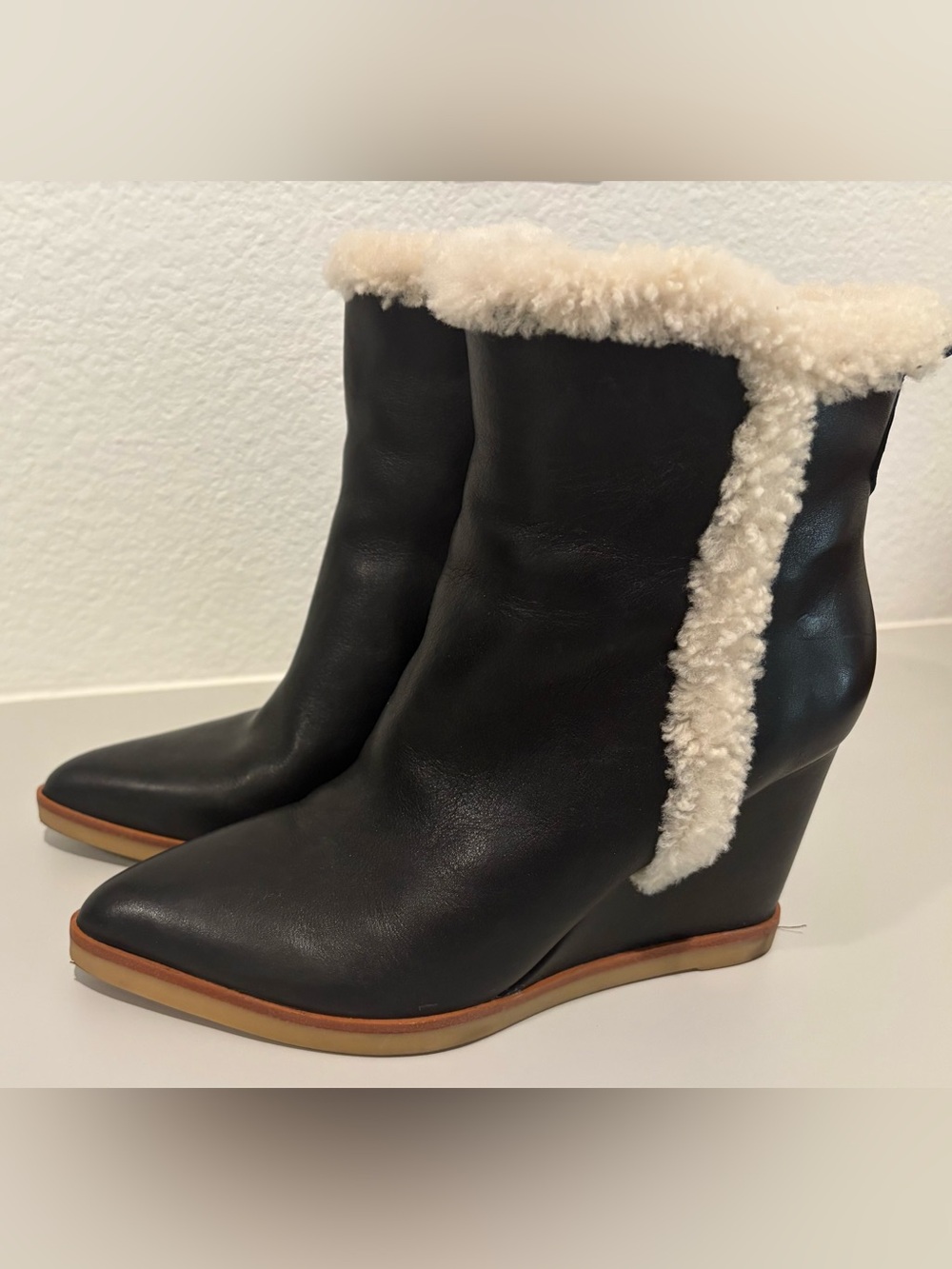 Marc Fisher Black Leather Wedge Boot with Cream Shearling Trim